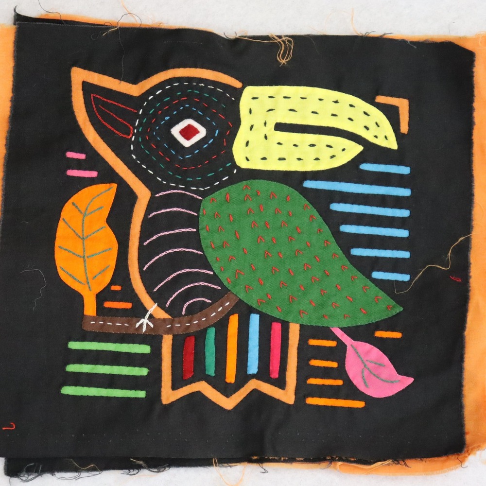 Vintage Mola Applique Fabric Panels 9x8 Black Multicolor Unisex Art Craft - Picture 2 of 6